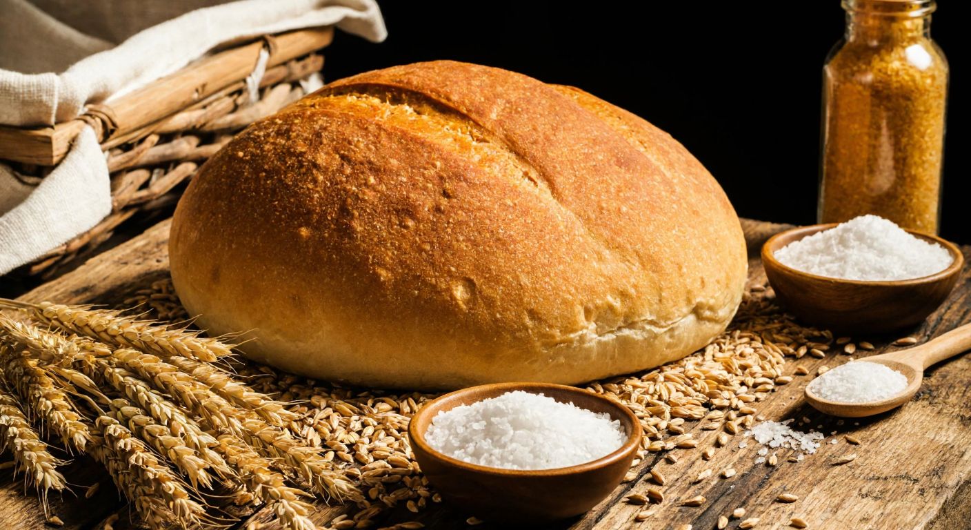 A rustic wooden table in a Turkish bakery holds a freshly baked whole wheat loaf, surrounded by scattered wheat grains, a small bowl of salt, and a jar of yeast, with a warm golden light highlighting the natural ingredients.