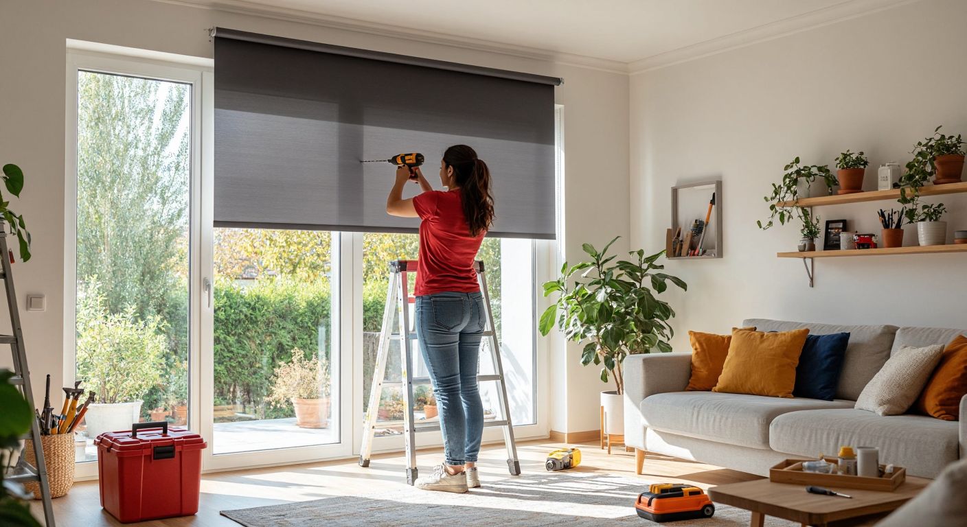 A Turkish woman in a sunlit living room holds a drill while standing on a ladder, carefully installing a sleek gray roller blind onto a white cornice, with a toolbox and measuring tape nearby.