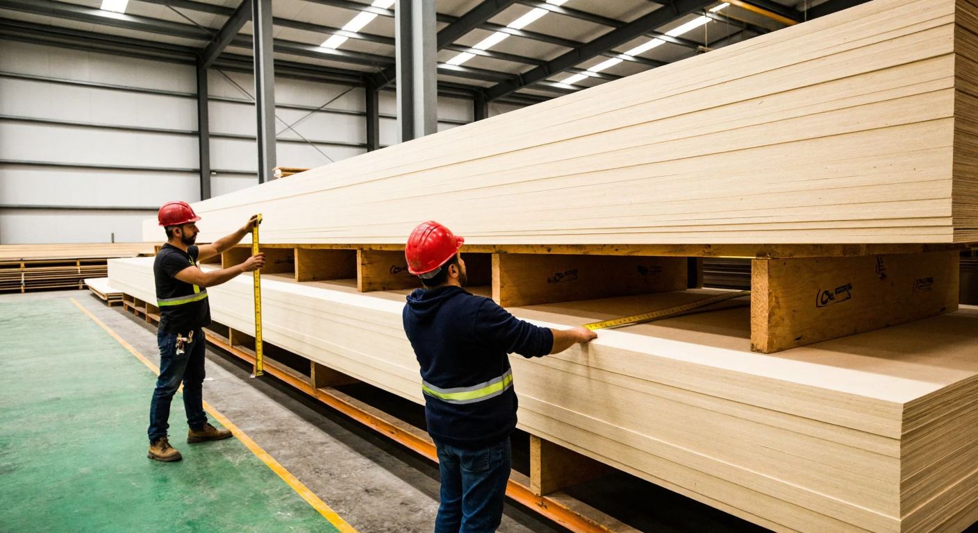 A stack of large, smooth Boardex panels in a Turkish construction warehouse, with workers in hard hats measuring the sheets using a tape measure.