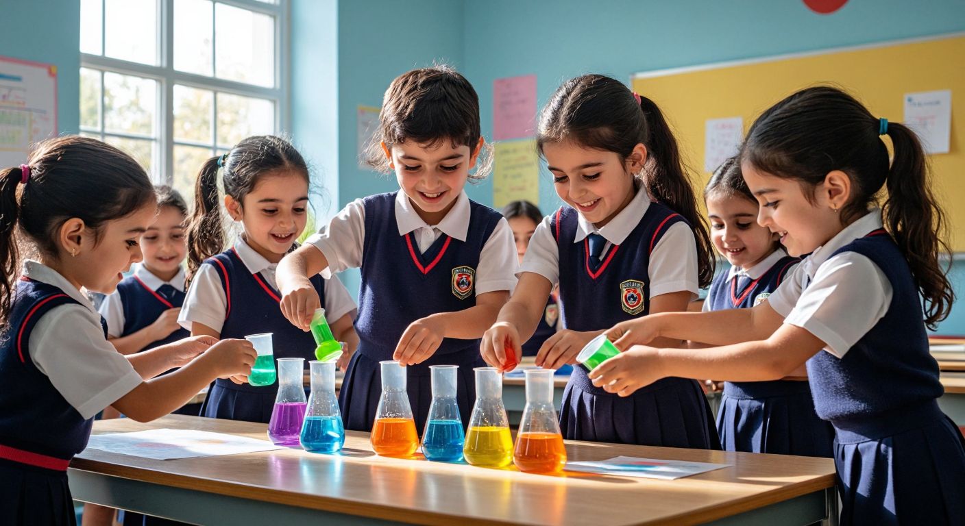 A cheerful Turkish classroom scene with young students in uniforms gathered around a table, carefully pouring water between colorful measuring cups and beakers, their faces lit with curiosity and excitement.