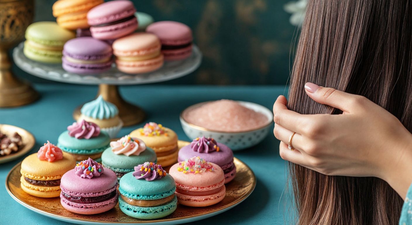 A vibrant Turkish dessert table with colorful macarons and decorated cakes alongside a small bowl of shimmering sugar gel, contrasted with a close-up of a person’s healthy, thick hair being gently touched by a hand with a dab of translucent gel.