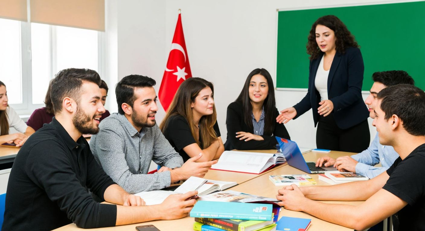 A diverse group of Turkish students and teachers engaged in a lively classroom discussion, surrounded by books and educational materials, with a bright Turkish flag visible in the background.