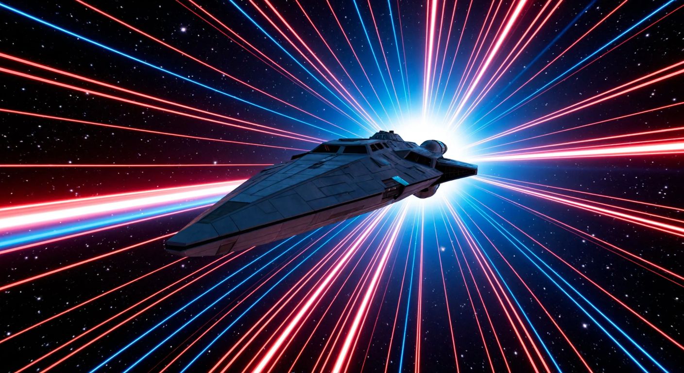 A futuristic spaceship warping through a starry cosmos, its hull glowing blue from extreme speed, while distorted starlight streaks past in vibrant red and blue hues, creating a tunnel-like effect.