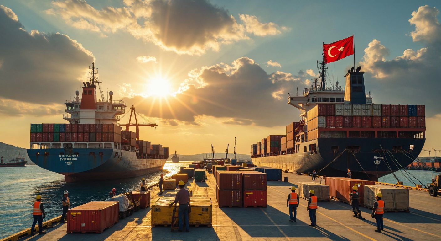 A bustling Turkish port with large cargo ships docked under a bright sun, workers in hard hats moving containers, and a government building flying the Turkish flag in the background.