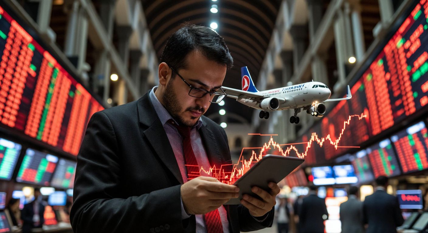 A Turkish stock trader in a bustling Istanbul bazaar, intensely studying a glowing candlestick chart on a tablet, surrounded by vibrant red and green market indicators, with a miniature airplane (symbolizing Turkish Airlines) hovering above a fluctuating graph line.