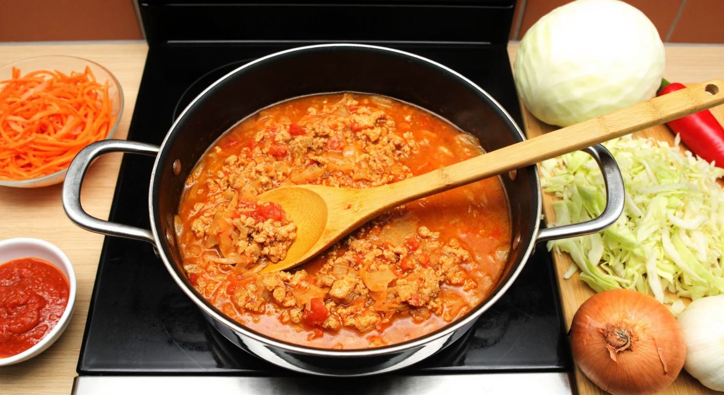 A steaming pot of minced meat and cabbage stew (kapuska) sits on a stove, surrounded by fresh ingredients like chopped onions, minced meat, shredded cabbage, tomato paste, and a sprinkle of red pepper flakes, with a wooden spoon resting on the pot's edge.