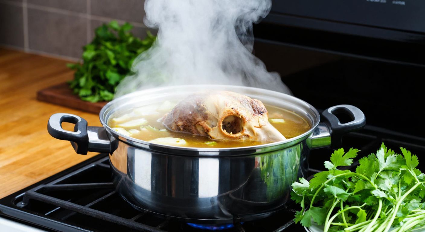 A steaming düdüklü tencere (pressure cooker) on a stovetop, with aromatic steam rising and a golden-brown sheep's head (kelle) inside, surrounded by bubbling broth and fresh herbs like parsley and mint.