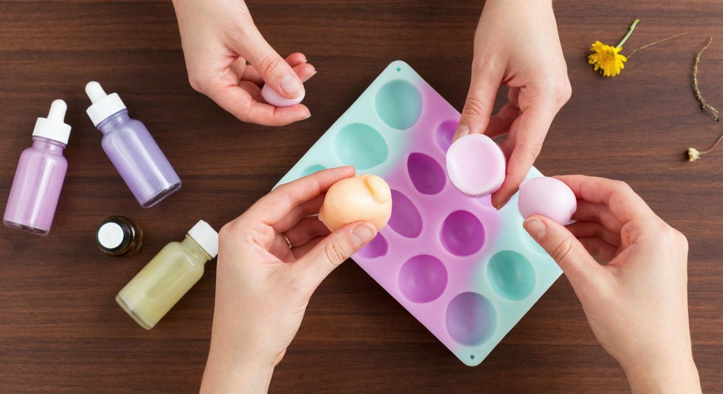 A pair of hands carefully pouring melted, pastel-colored soap mixture into a flexible rectangular silicone mold on a wooden table, surrounded by small bottles of fragrance oils and natural dye powders.