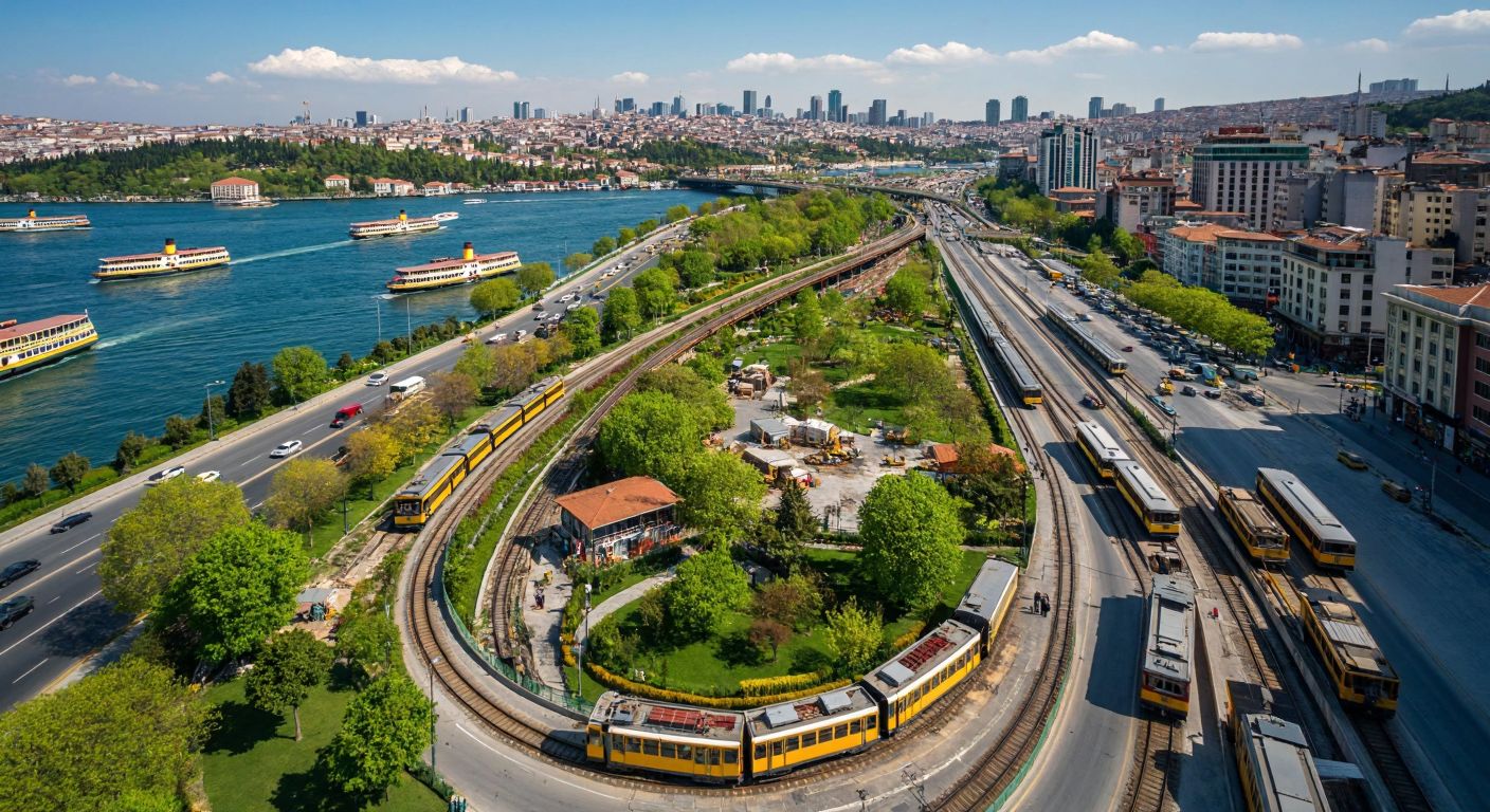 A bustling Istanbul skyline with new metro lines weaving through the city, vibrant green parks expanding along the waterfront, and restored vintage ferries gliding across the Bosphorus, while workers construct modern terminals at the renovated bus station.