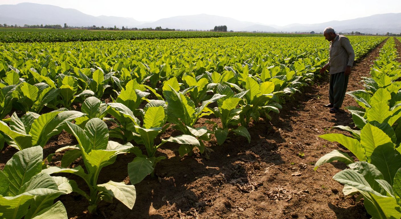 A sunlit Turkish tobacco field with rows of Virginia and Oriental tobacco plants, their broad green leaves contrasting against the earthy soil, while a weathered farmer in a traditional şalvar inspects the crops with focused curiosity.
