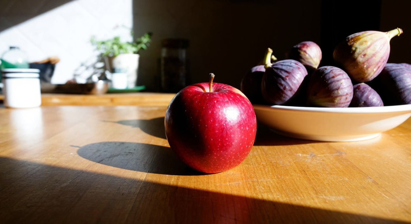 A vibrant red apple resting on a wooden table in a sunlit Turkish kitchen, with a bowl of fresh figs and grapes nearby.