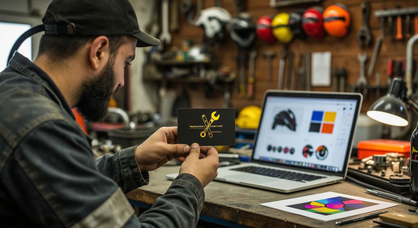 A Turkish motorcycle mechanic in a greasy workshop holds up a sleek, professionally designed business card featuring a wrench and gear motif, with a laptop open on a nearby table displaying colorful design templates.