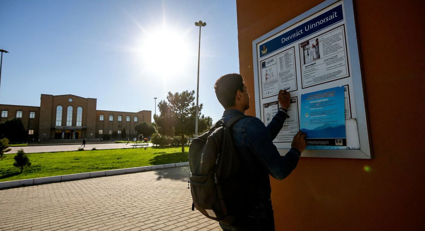 A young student in Diyarbakır checks a university notice board under a bright sun, holding a backpack and looking determined, with the historic Dicle University campus in the background.