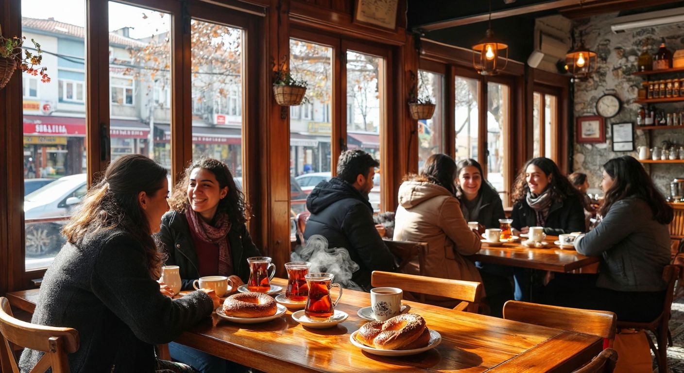 A cozy café in Istanbul's Üsküdar district with warm wooden tables, steaming cups of Turkish tea, and a group of friends chatting happily, surrounded by the aroma of freshly baked simit.