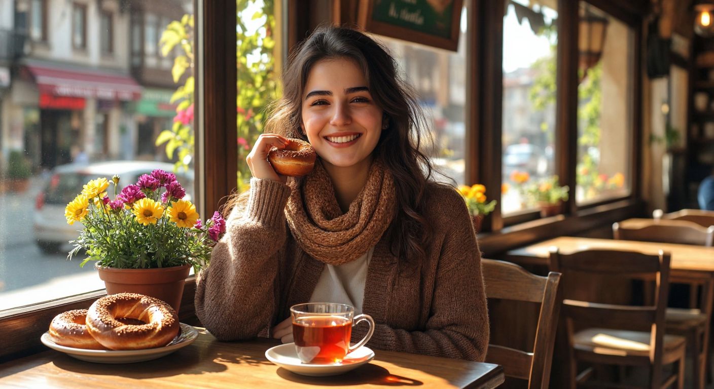A cheerful Turkish woman in a sunlit café smiles warmly while holding a cup of çay, surrounded by fresh simit and colorful flowers, embodying the joy of sharing heartfelt "iyi haftalar" wishes.