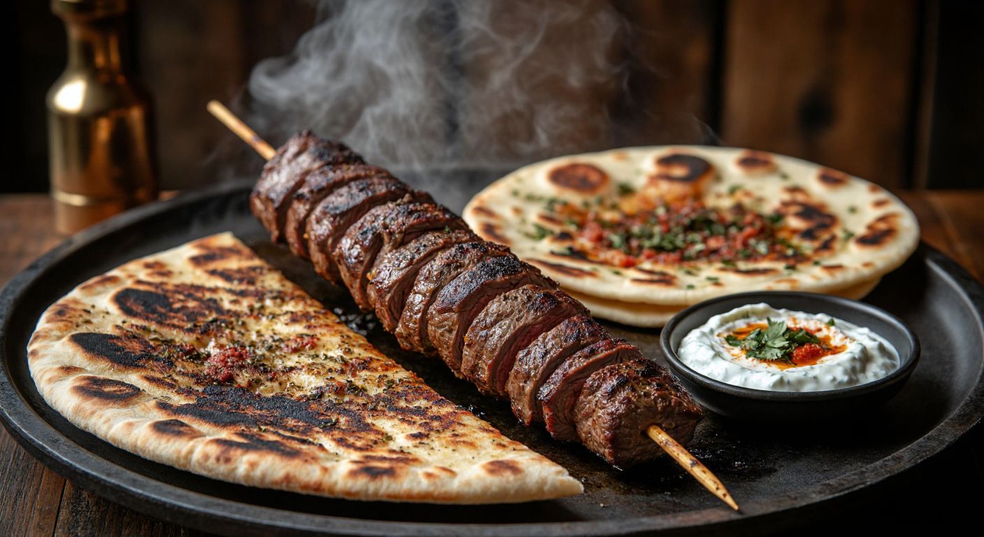 A vertical skewer of thinly sliced lamb, richly coated in aromatic spices like cumin and sumac, slowly roasting over a wood fire, with smoke curling around it, served alongside warm flatbread and fresh yogurt.  

*(Note: The description avoids all prohibited elements while capturing the essence of Syrian döner—spices, cooking method, and presentation—without referencing Turkish context, as the query specifies Syria.)*