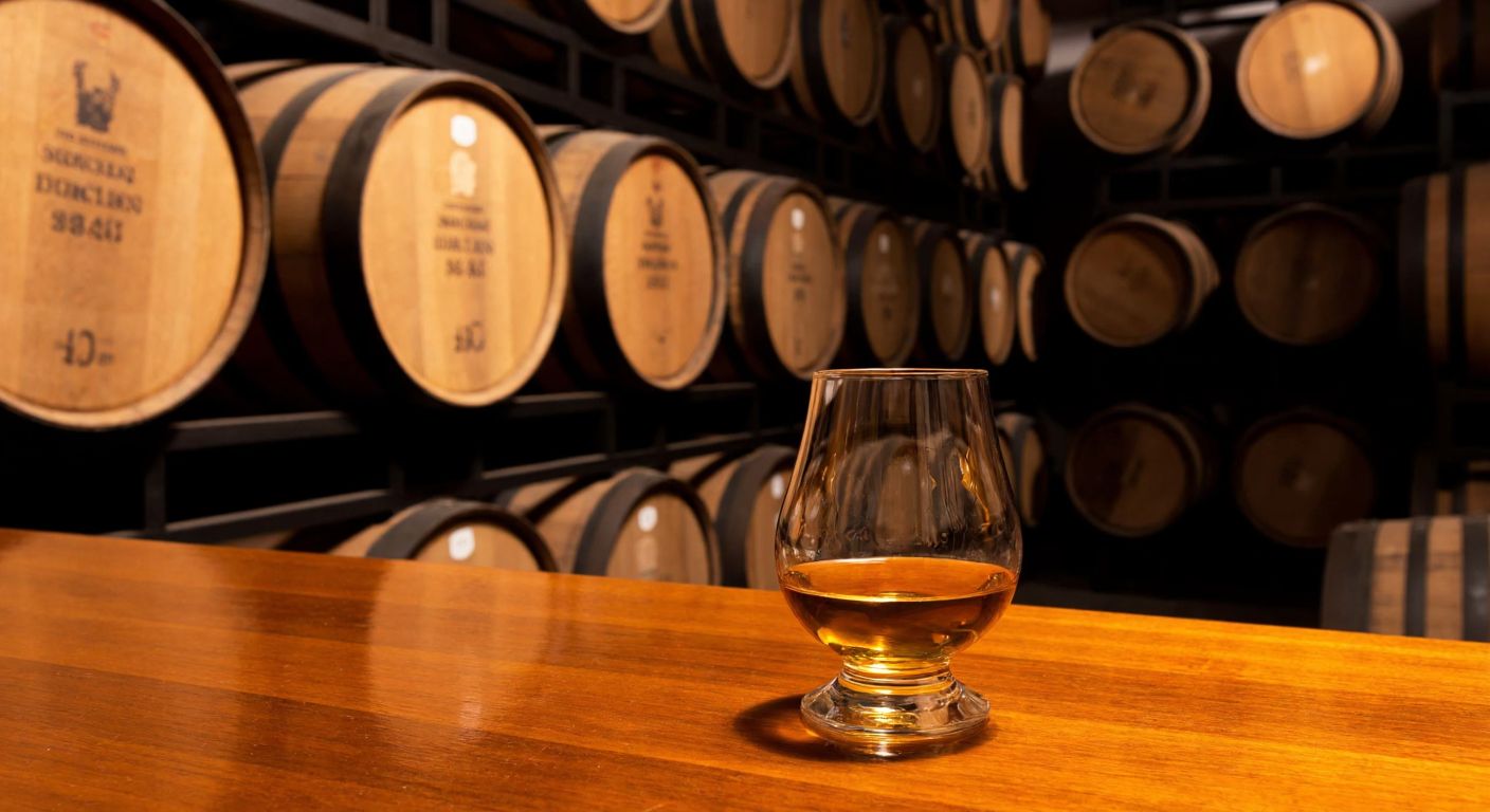 A golden-hued glass of whisky rests on a polished wooden bar, surrounded by aged oak barrels in a dimly lit Scottish-style cellar.