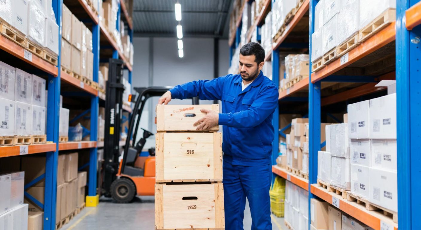 A Turkish warehouse worker in a blue uniform carefully stacking wooden crates in a well-organized, brightly lit storage room, with shelves filled with labeled boxes and a forklift in the background.