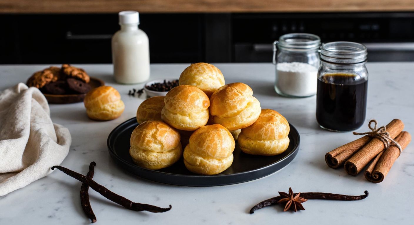 A warm Turkish kitchen with golden profiteroles on a marble counter, surrounded by a split vanilla bean, a small bottle of vanilla extract, a jar of vanilla powder, almond extract, and a cinnamon stick, evoking a cozy baking atmosphere.
