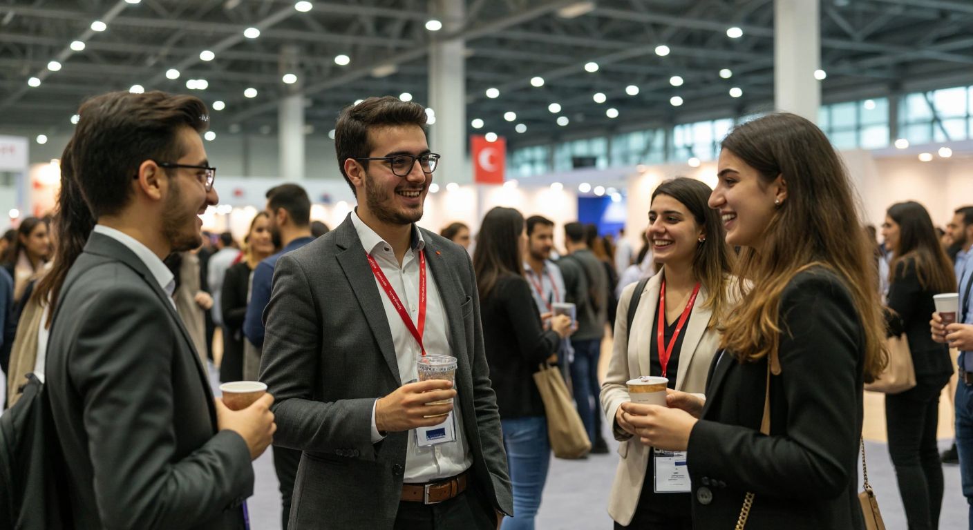 A bustling career fair in Turkey with well-dressed young professionals engaging in lively conversations at company booths, exchanging resumes, and networking with confident smiles in a bright, spacious convention hall.