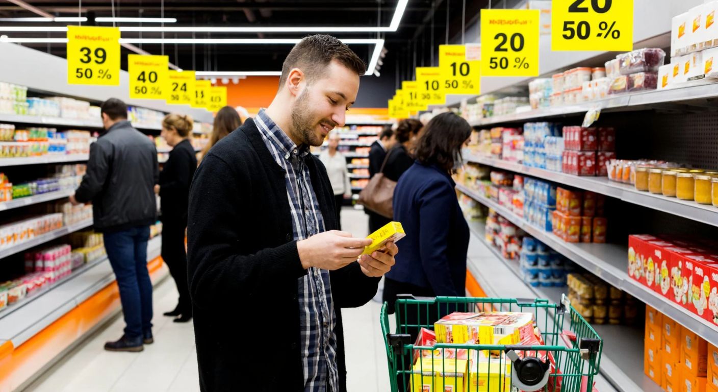 A bustling Migros supermarket aisle with bright yellow discount tags on shelves, shoppers smiling as they pick up discounted products, while one customer carefully checks an expiration date with a slightly concerned expression.