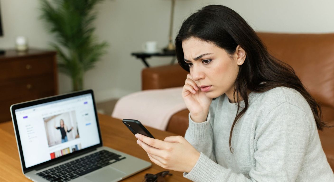 A young Turkish woman in a cozy home setting, looking slightly concerned while holding a smartphone, with a laptop displaying a shopping website open on a wooden table beside her.