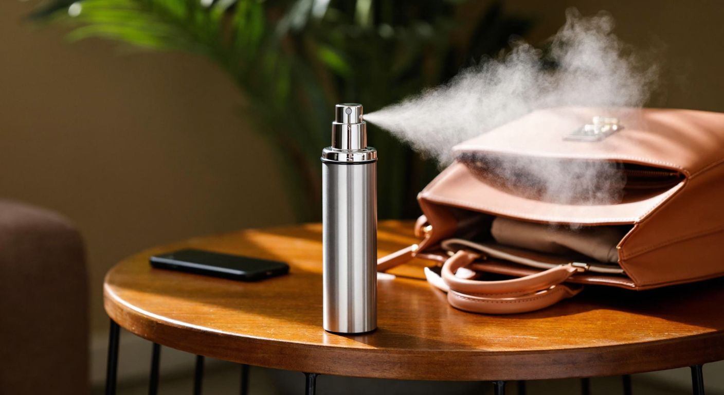 A sleek, portable silver spray bottle rests on a wooden table beside an open handbag, with a delicate mist of perfume lingering in the air.