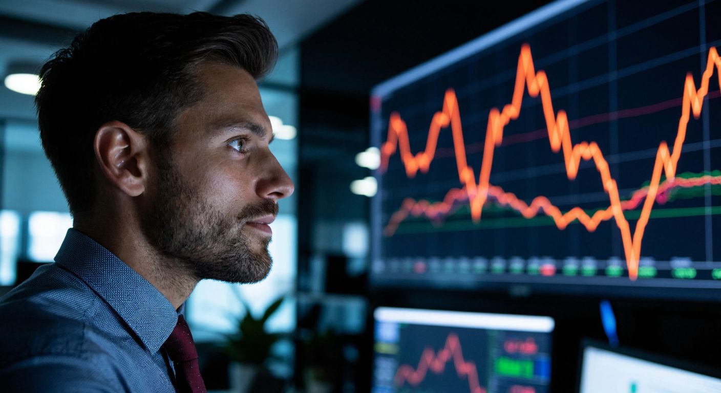 A focused trader in a modern office gazes at a glowing stock chart with sharp upward and downward zigzagging lines, their face reflecting cautious optimism as they analyze potential market reversals.