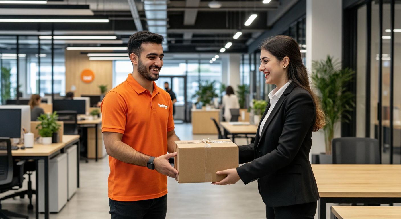 A smiling delivery person in a Trendyol-branded uniform hands a package to a well-dressed office worker in a modern Turkish business setting, with a bustling open-plan office in the background.