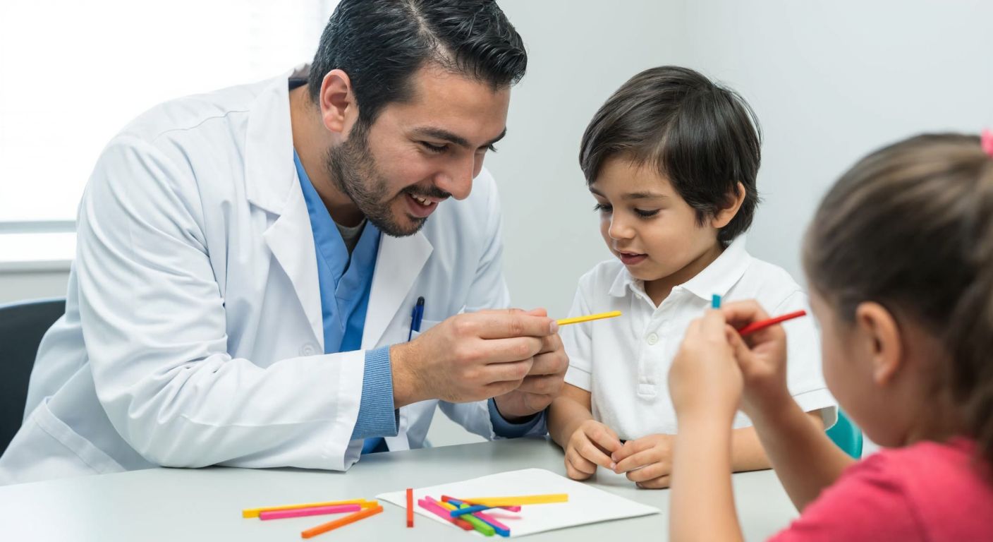 A Turkish doctor in a white coat gently presses down a patient's tongue with a wooden tongue depressor in a bright clinic, while a child nearby crafts colorful shapes with similar sticks at a small table.