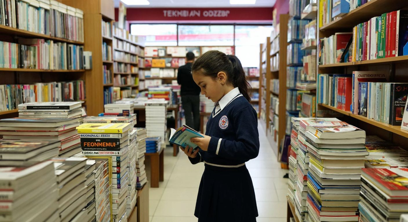 A bustling Turkish bookstore with neatly stacked textbooks from various publishers like Fenomen and Özdebir, while a young student in a school uniform curiously browses through them.