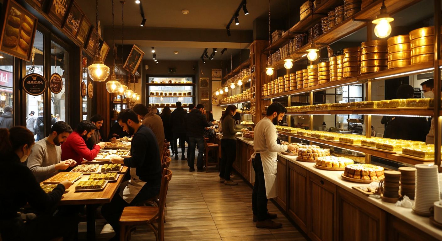 A warm, bustling Helvacı Ali café in Turkey, with shelves lined with golden baklava trays, smiling servers in aprons offering samples, and customers of diverse ages enjoying treats at wooden tables under soft lantern light.
