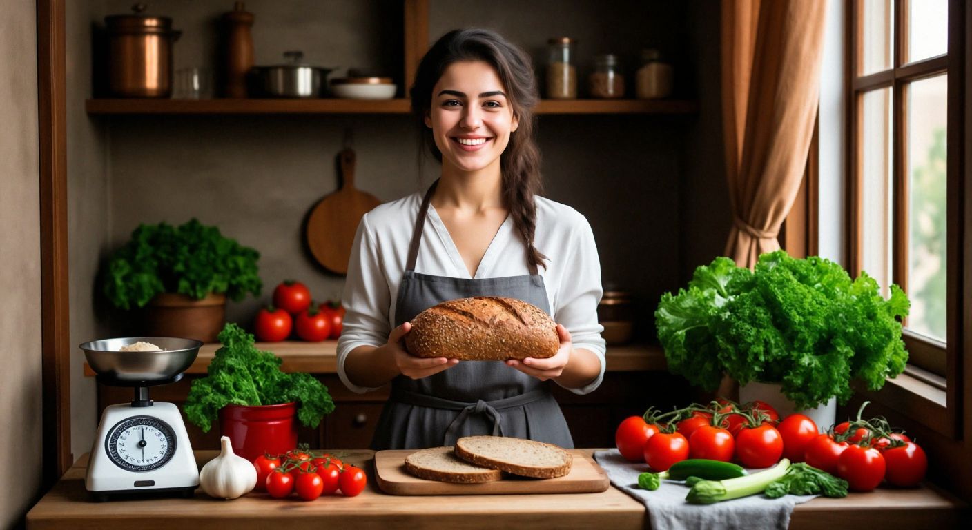 A smiling Turkish woman in a bright kitchen holds half a loaf of whole-grain bread, surrounded by fresh vegetables and a small scale, conveying balance and healthy choices.