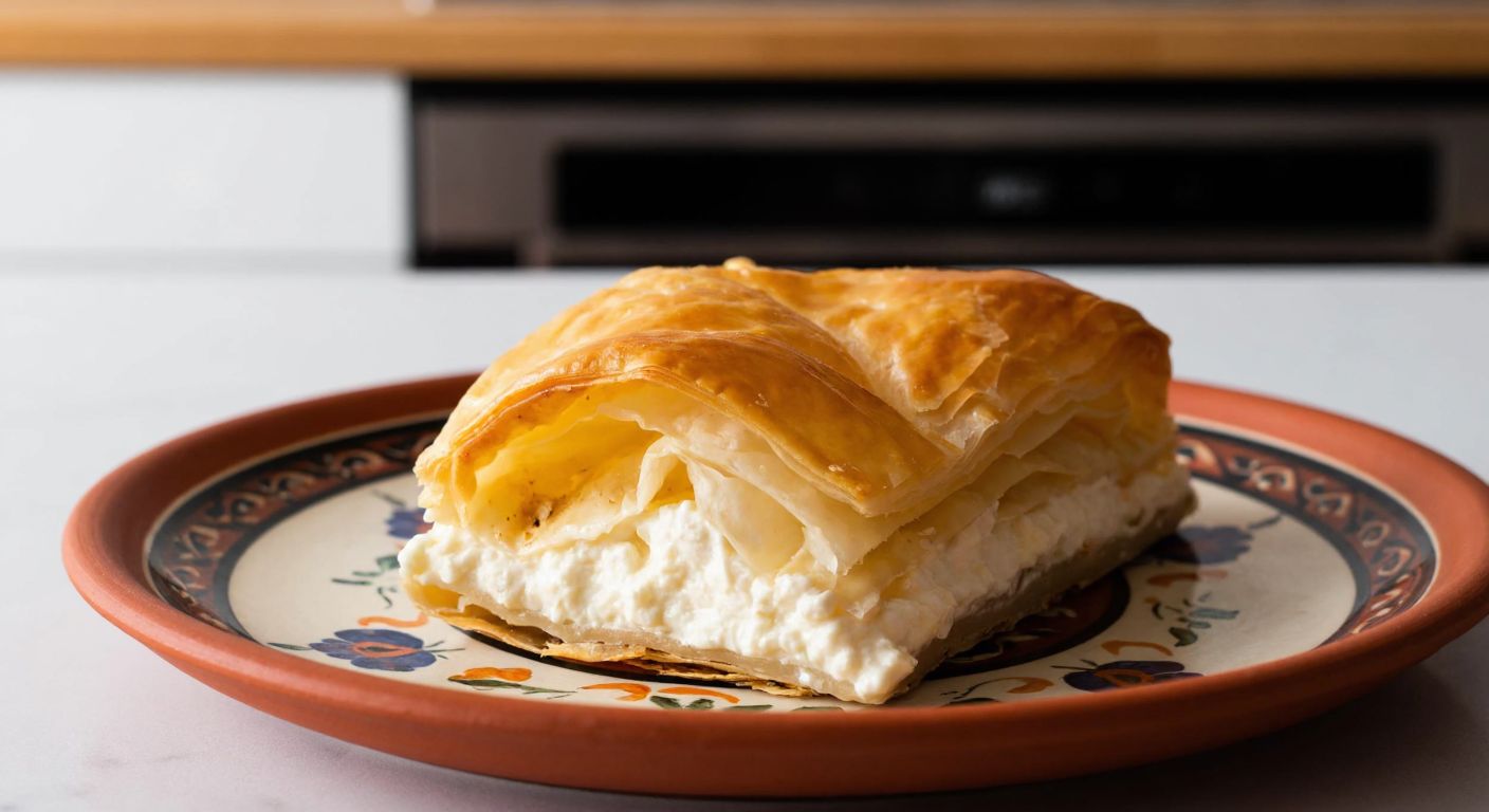 A golden, flaky pastry with creamy filling layered between two thin sheets of yufka dough, resting on a traditional Turkish ceramic plate with a warm kitchen backdrop.