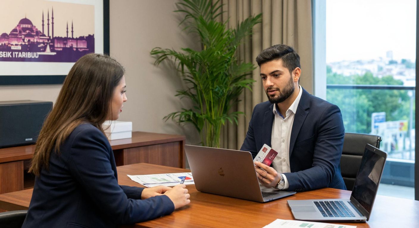 A focused Turkish bank customer in business casual attire sits at a wooden desk with a laptop open, holding a national ID card, while a bank employee in a navy-blue blazer gestures helpfully toward the screen, with a warm office setting featuring a potted plant and a framed skyline of Istanbul in the background.