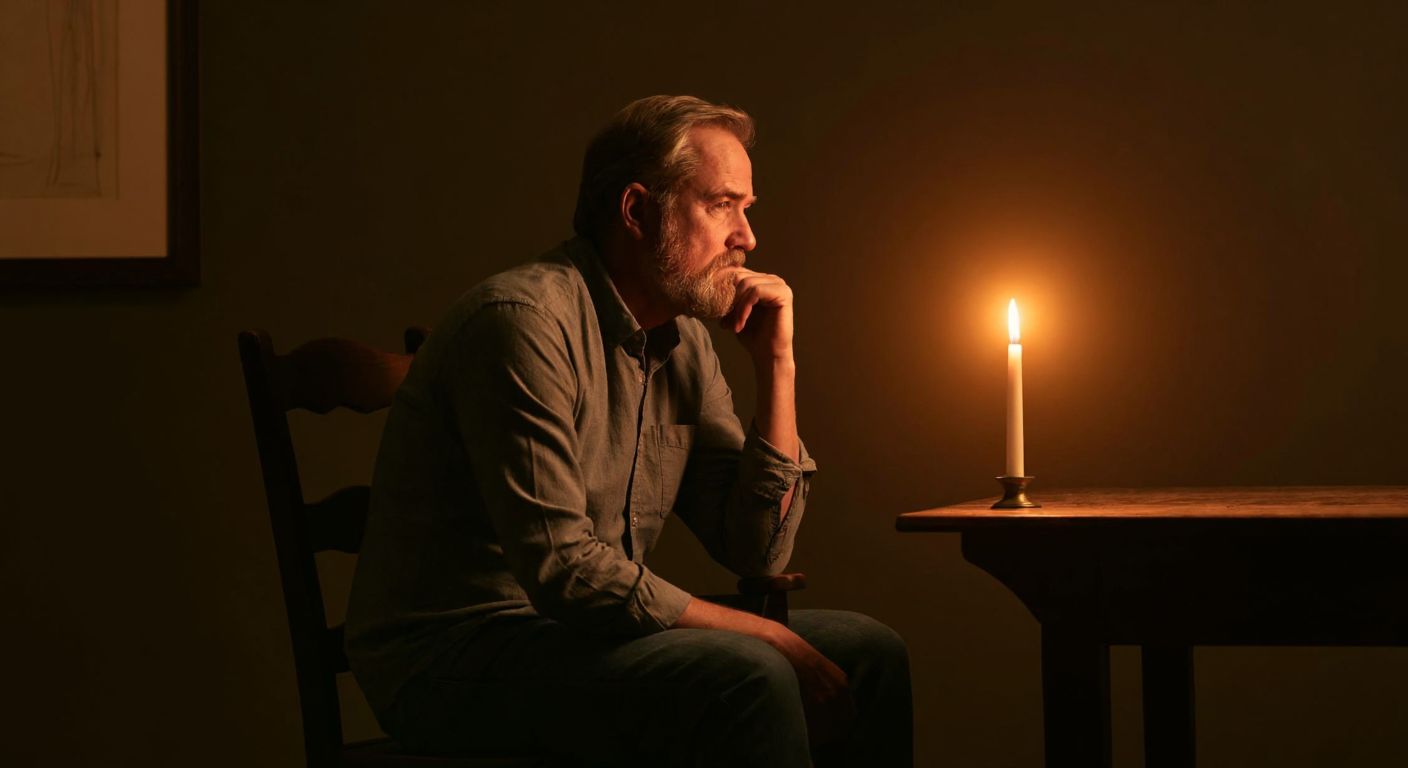 A pensive middle-aged man with a beard sits on a simple wooden chair in a dimly lit study, resting his chin on his hand while gazing thoughtfully at a flickering candle, embodying deep philosophical contemplation.