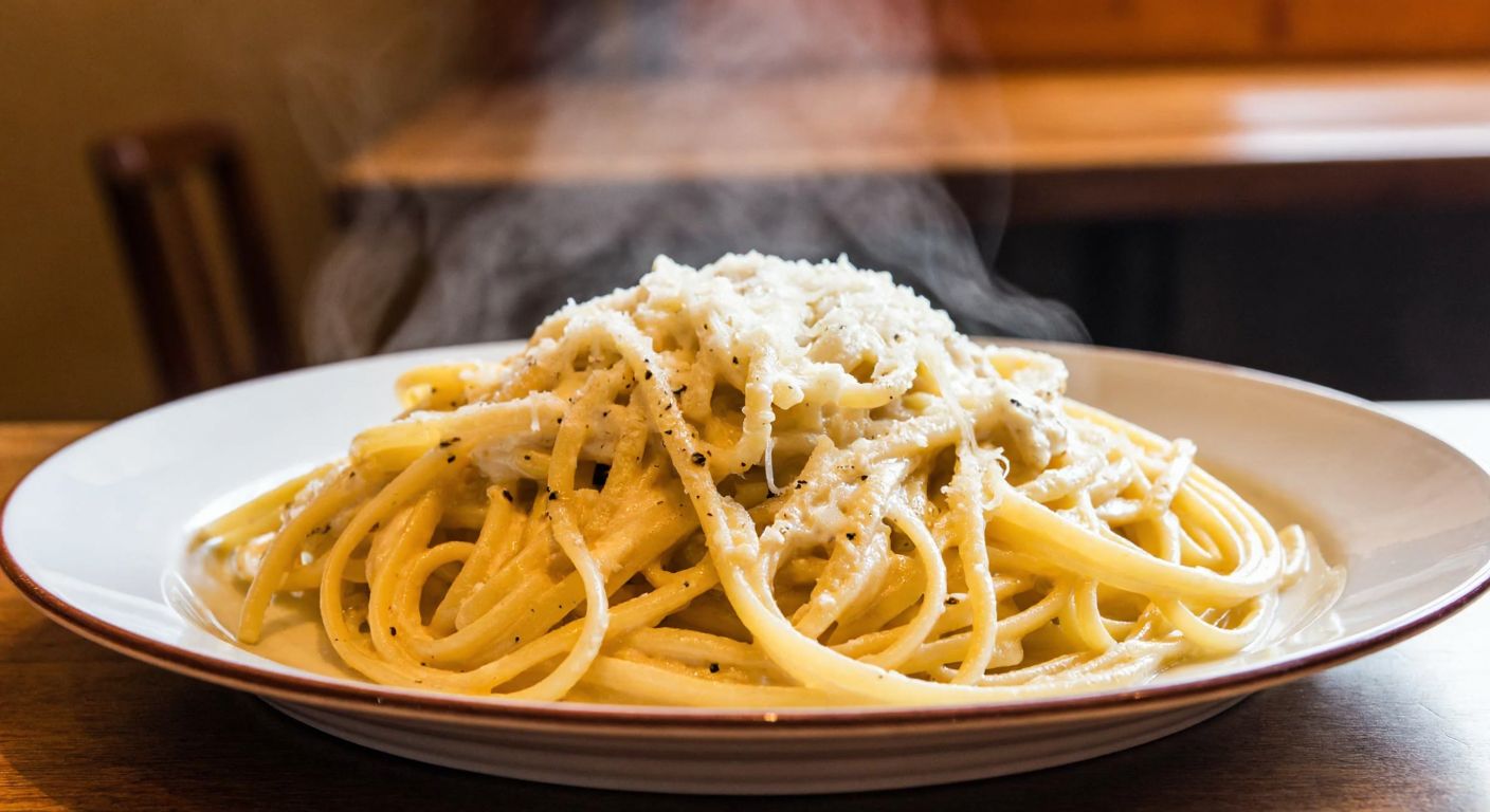 A steaming plate of long, thin pasta (like tonnarelli or spaghetti) generously coated in a creamy, peppery Pecorino Romano cheese sauce, with freshly cracked black pepper sprinkled on top, resting on a rustic wooden table in a warmly lit Italian kitchen.