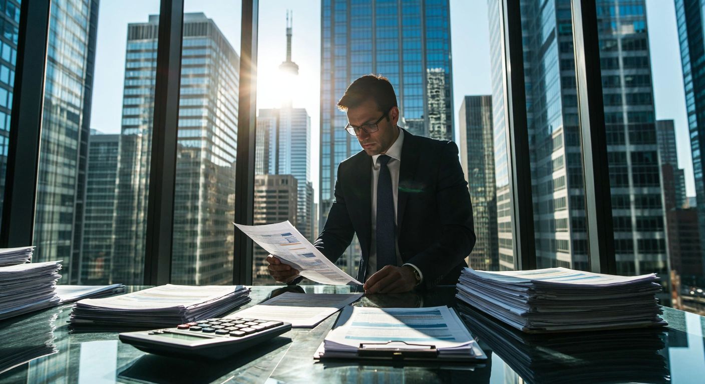 A modern American city skyline with a glass office building in focus, its windows reflecting sunlight, while a businessman in a suit reviews financial documents inside, surrounded by stacks of paperwork and a calculator.