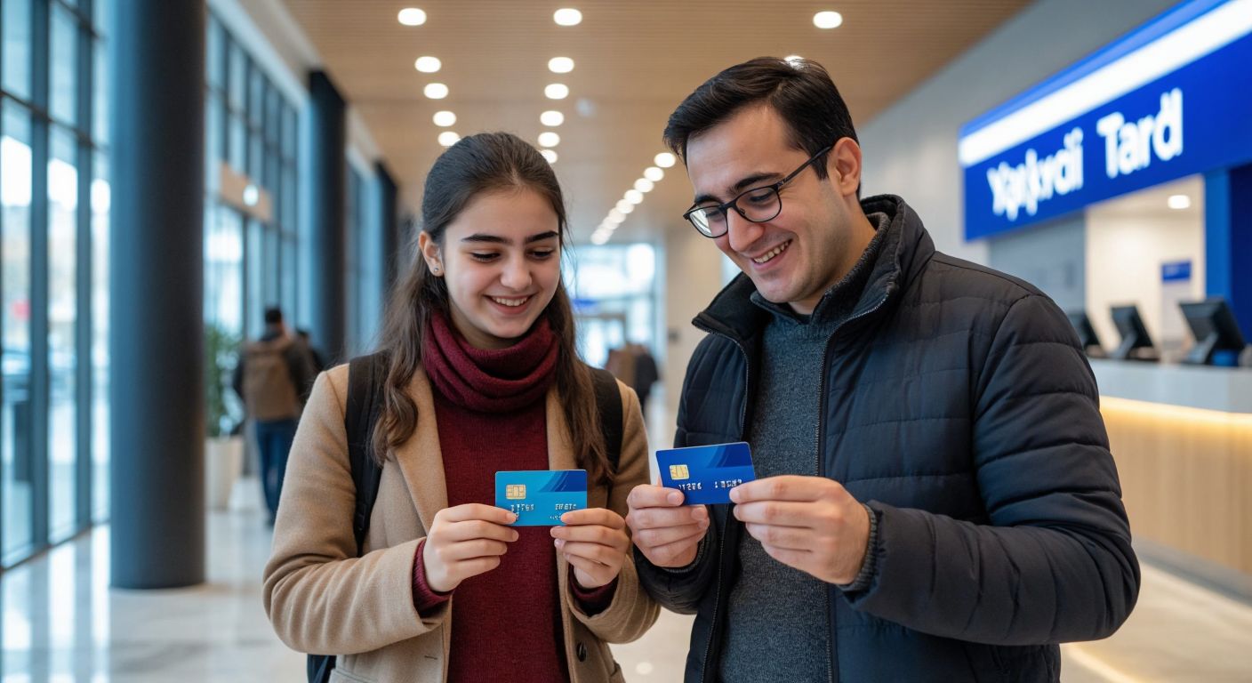 A young student in Turkey holds a sleek blue Play TLCard while standing beside an older adult holding a classic YapıKredi TLCard, both smiling as they compare the cards in a bright, modern bank lobby.