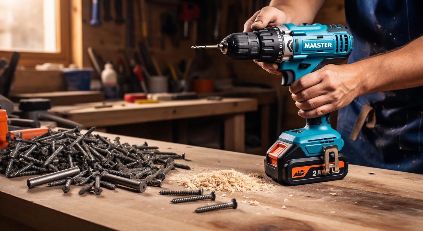A sturdy, compact Maxstar cordless drill with a bright blue body rests on a wooden workbench in a Turkish workshop, surrounded by scattered screws and wood shavings, while a craftsman in a dusty apron smiles approvingly.