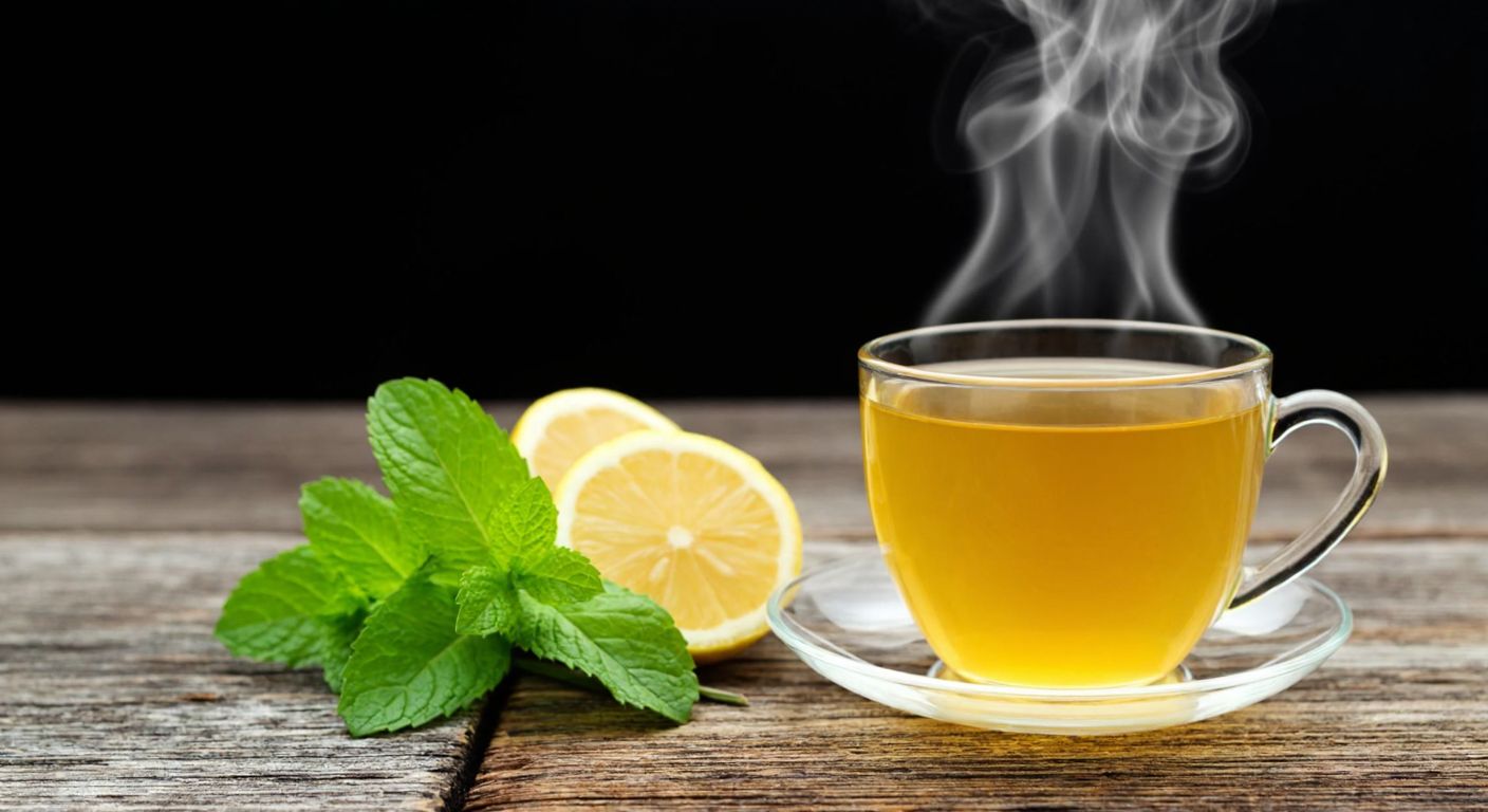 A warm glass of golden-hued nane limon çayı steaming on a rustic wooden table, with fresh mint leaves and lemon slices beside it, evoking the cozy, nostalgic essence of Barış Manço's legacy.