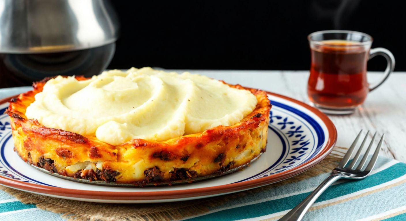 A rustic Turkish kitchen with a golden-brown shepherd's pie (çoban pastası) fresh from the oven, topped with creamy mashed potatoes, served on a traditional ceramic plate beside a steaming cup of çay.
