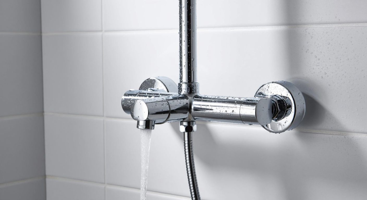 A sleek, modern chrome-plated thermostatic shower faucet with water droplets glistening under warm light, mounted on a clean white bathroom tile wall, conveying quality and satisfaction.