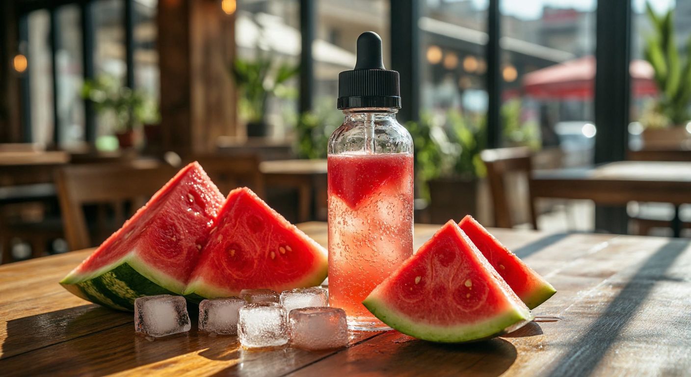 A chilled glass bottle of watermelon-flavored vape liquid with frosty condensation, surrounded by fresh slices of juicy red watermelon and ice cubes on a sunlit wooden table in a Turkish café.