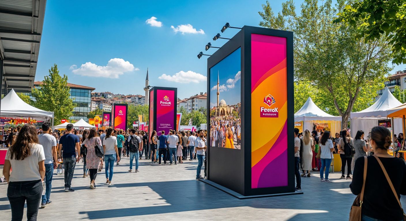 A vibrant outdoor exhibition in Turkey with colorful Forex-printed banners, sleek directional signs, and a bustling crowd admiring a large, durable promotional stand under the sun.