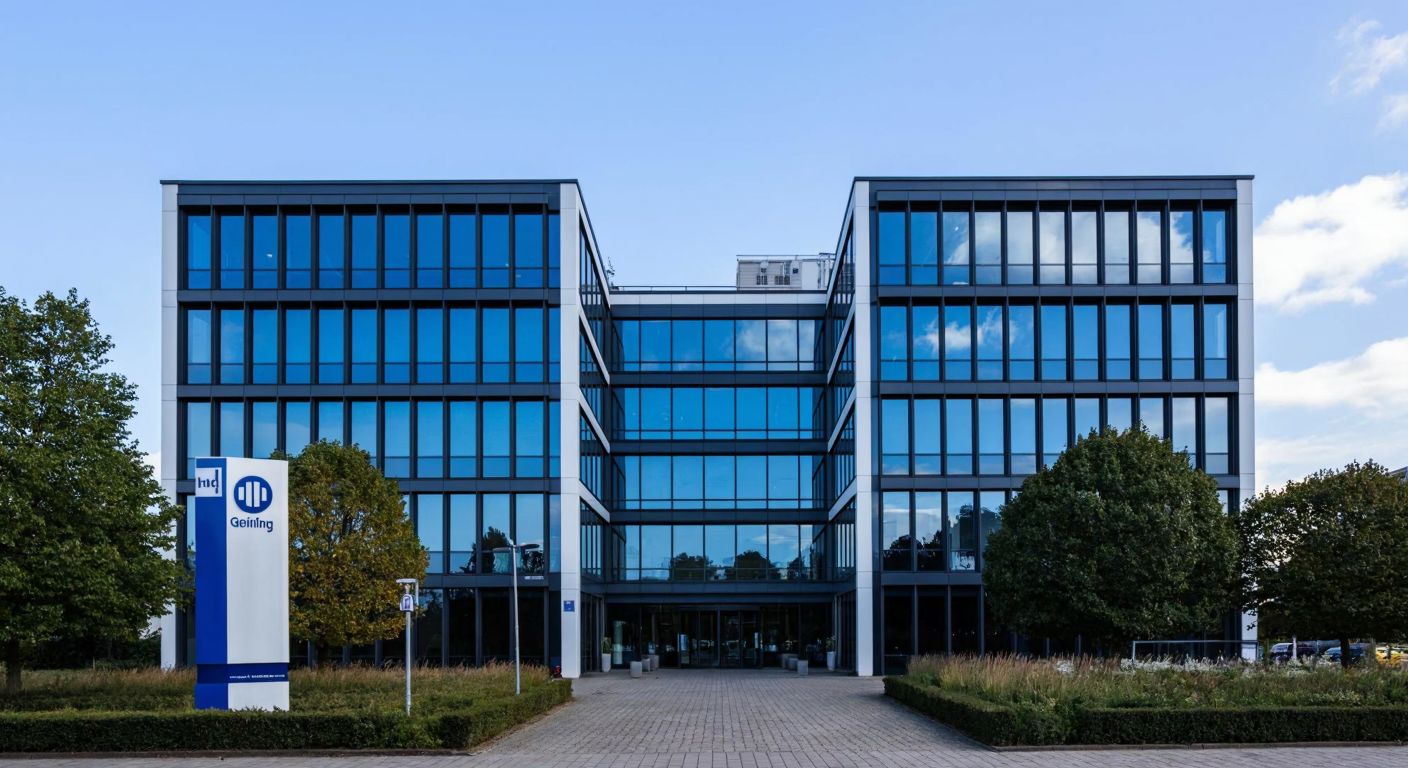 A modern office building in Hannover with a sleek glass facade, flanked by two distinct but merging corporate logos—one fading (Gerling) and the other emerging (HDI)—symbolizing the transition between the two insurance entities.