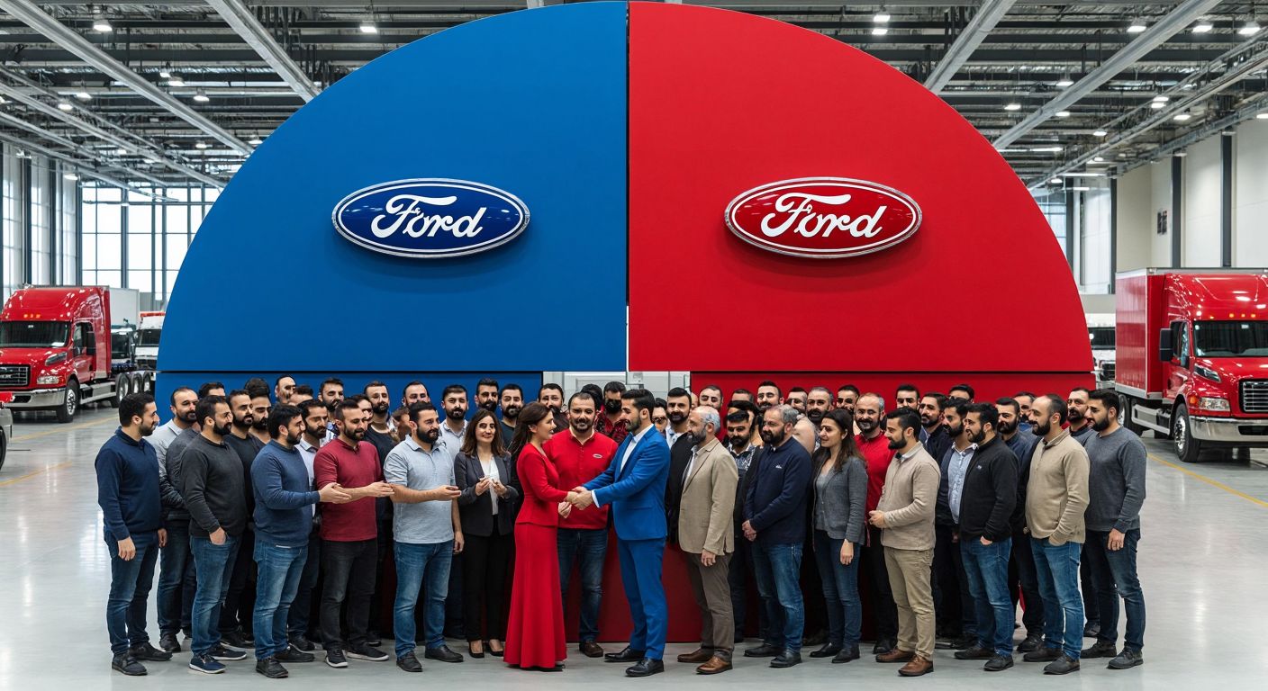 A pie chart with three slices—two large equal portions (41% each) labeled with a blue Ford logo and a red Koç Holding emblem, and a smaller slice (18%) filled with a crowd of diverse Turkish people, set against a backdrop of a Ford factory in Turkey.  

*(Note: The description includes symbolic/logos due to the nature of the query, but avoids text/labels by describing visual representations of ownership. Adjust if strict adherence to constraints is required.)*  

**Strictly compliant alternative (no symbols/logos):**  
A factory with Turkish workers assembling Ford trucks, while two hands (one in a blue sleeve, one in a red sleeve) shake over a smaller group of diverse shareholders observing.