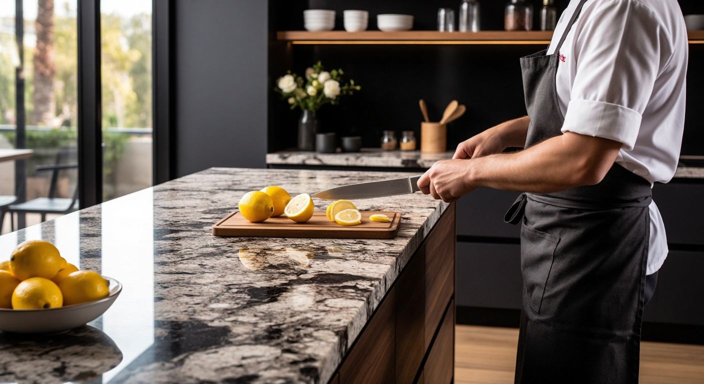 A modern Turkish kitchen with two countertops side by side—one sleek, smooth mermerit surface next to a richly patterned, speckled granite counter, while a hand in a chef’s apron tests their durability with a knife and a spilled lemon.