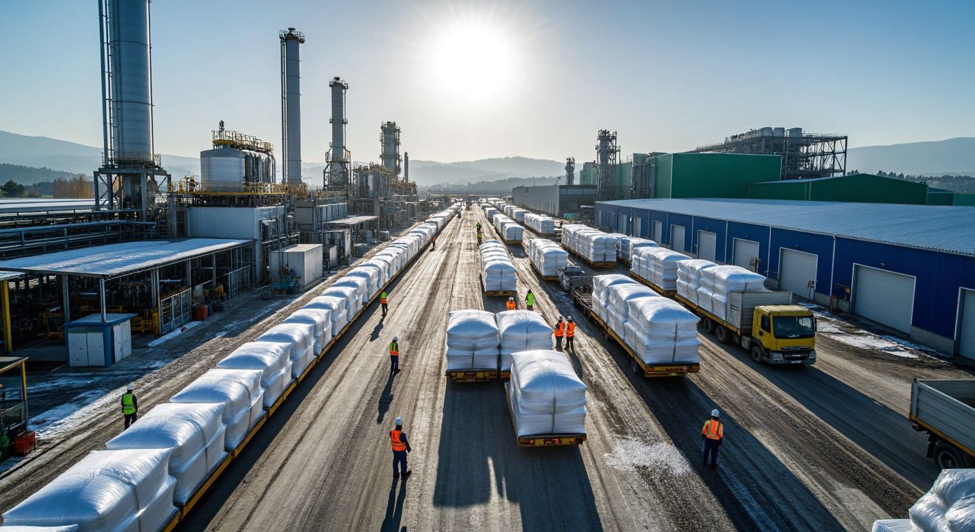 A sprawling industrial complex in Adana with towering polyester production facilities, workers in safety gear inspecting synthetic fibers, and trucks loaded with bales of white polymer materials under a bright sun.