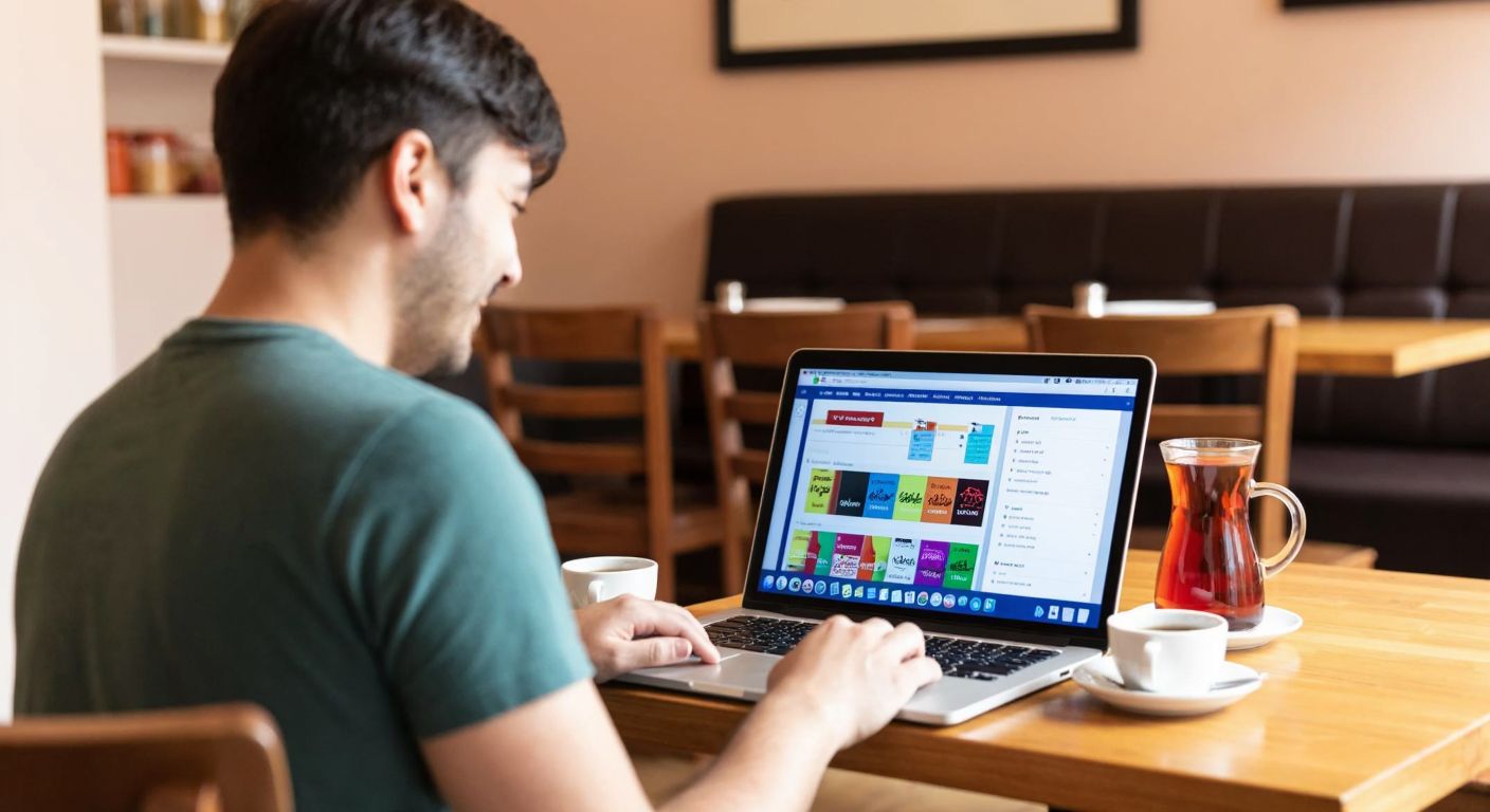 A person in a cozy Turkish café, smiling while browsing a laptop screen displaying colorful spinning wheels and name lists, with a steaming cup of çay nearby.